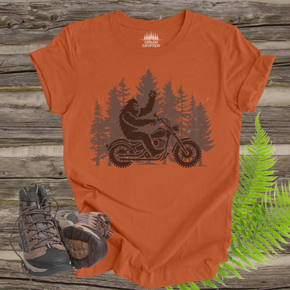 Bigfoot Biker Tee – Sasquatch Riding Motorcycle Forest Shirt