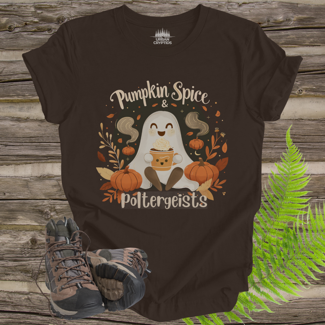 Pumpkin Spice & Poltergeists T-Shirt | Cute Ghost Halloween Coffee Tee