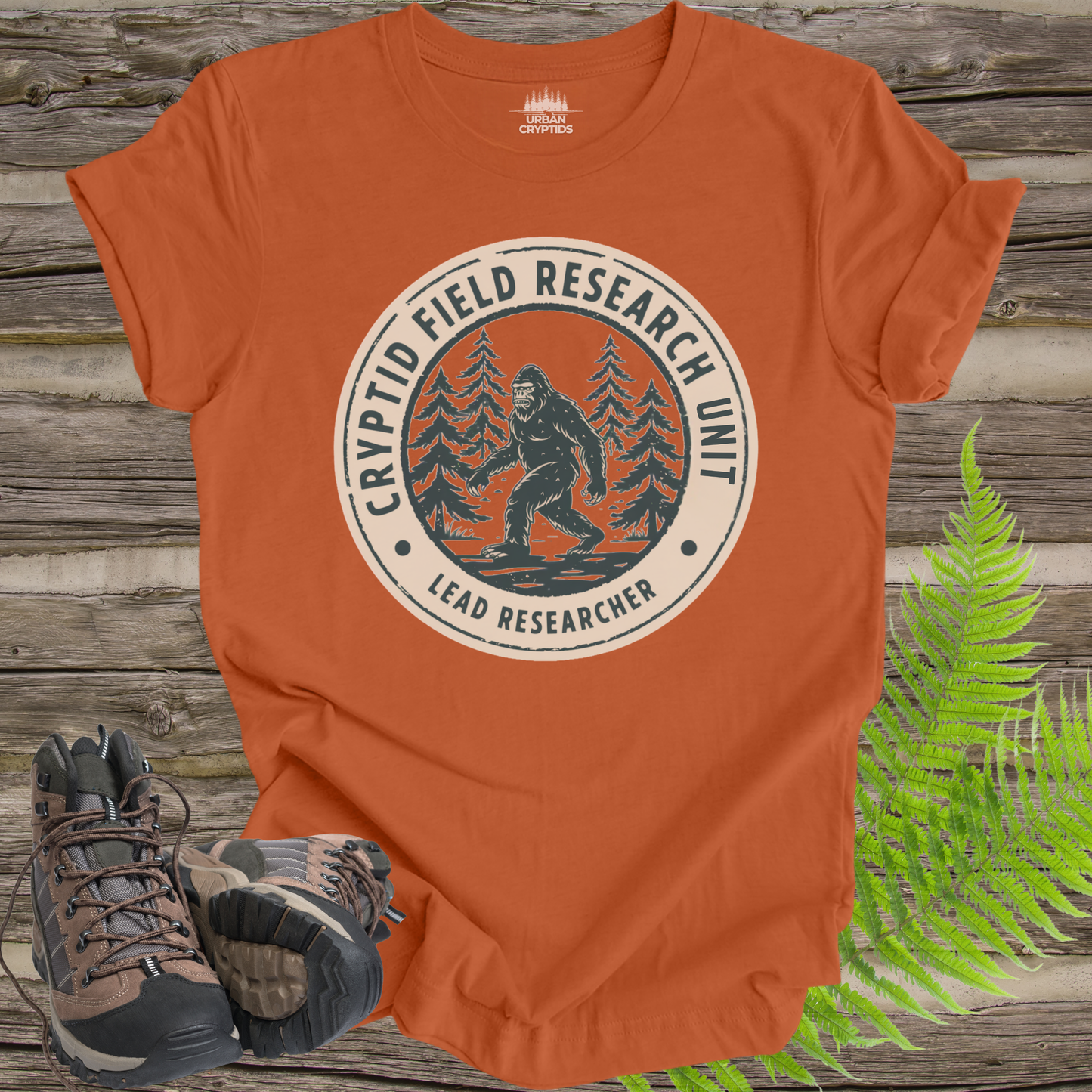 Cryptid Field Research Unit T-Shirt – Bigfoot “Lead Researcher” Vintage Badge Tee