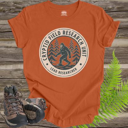 Cryptid Field Research Unit T-Shirt – Bigfoot “Lead Researcher” Vintage Badge Tee