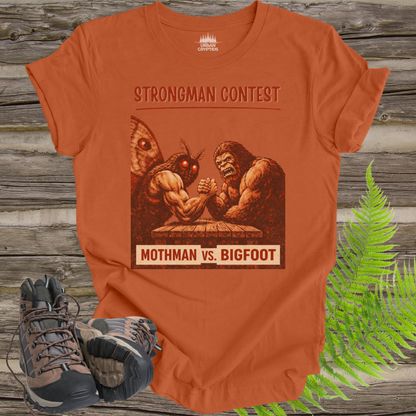 Mothman vs Bigfoot T-Shirt – Cryptid Strongman Arm Wrestling Contest Tee