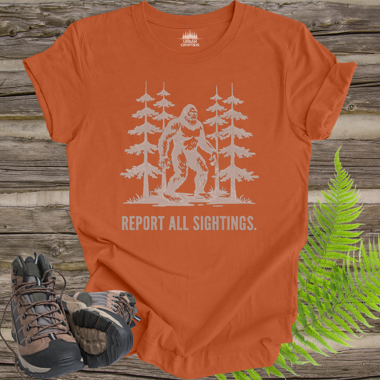 Bigfoot “Report All Sightings” T-Shirt – Vintage Cryptid Forest Design