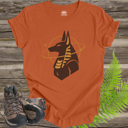 Anubis Cosmic Emblem T-Shirt – Egyptian God Minimalist Gold Design