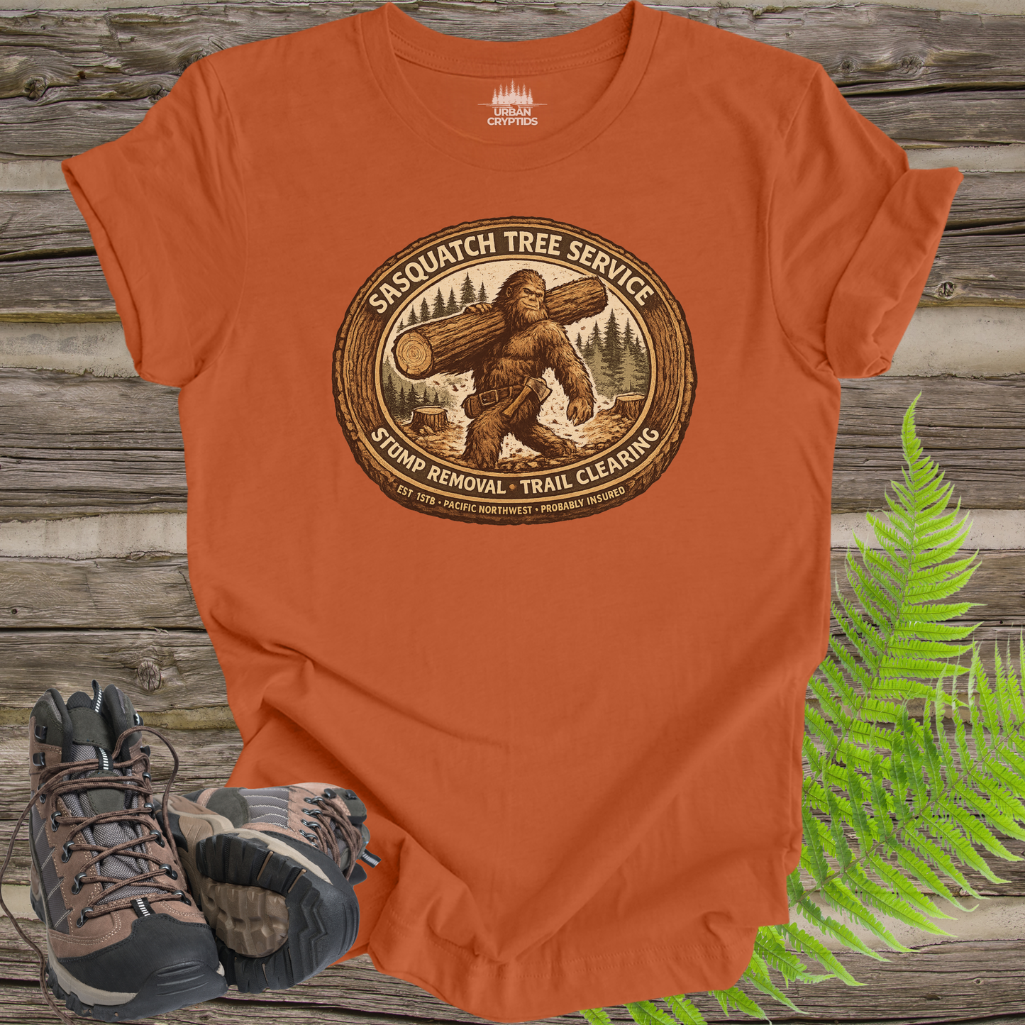 Sasquatch Tree Service Shirt | Cryptid Town Tee | Bigfoot Lumberjack Vintage Badge Stump Removal Trail Clearing