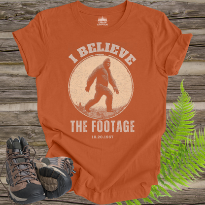 Bigfoot “I Believe the Footage” T-Shirt – Vintage Sasquatch Graphic Tee, Cryptid Shirt, Funny Bigfoot Shirt, Gift for Cryptid Lovers
