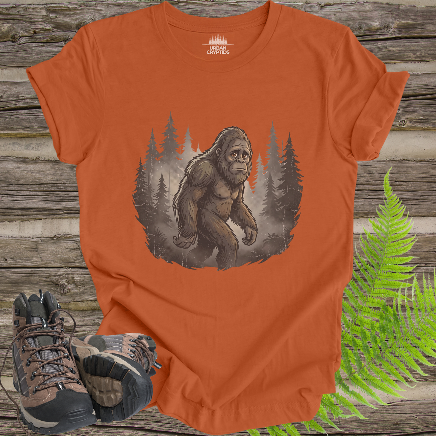 Mysterious Bigfoot Forest Shirt – Vintage Sasquatch Silhouette Tee, Cryptid Aesthetic Shirt, Foggy Woods Graphic Tee