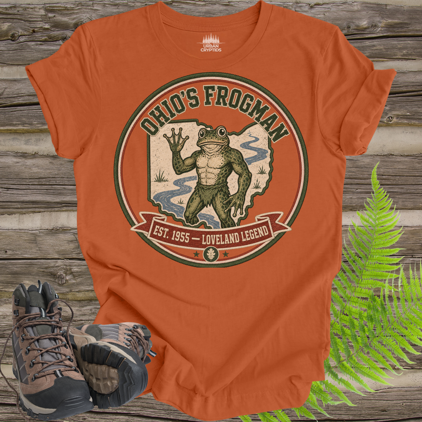 Loveland Frogman T-Shirt – Ohio’s Frogman Vintage Cryptid Patch Tee