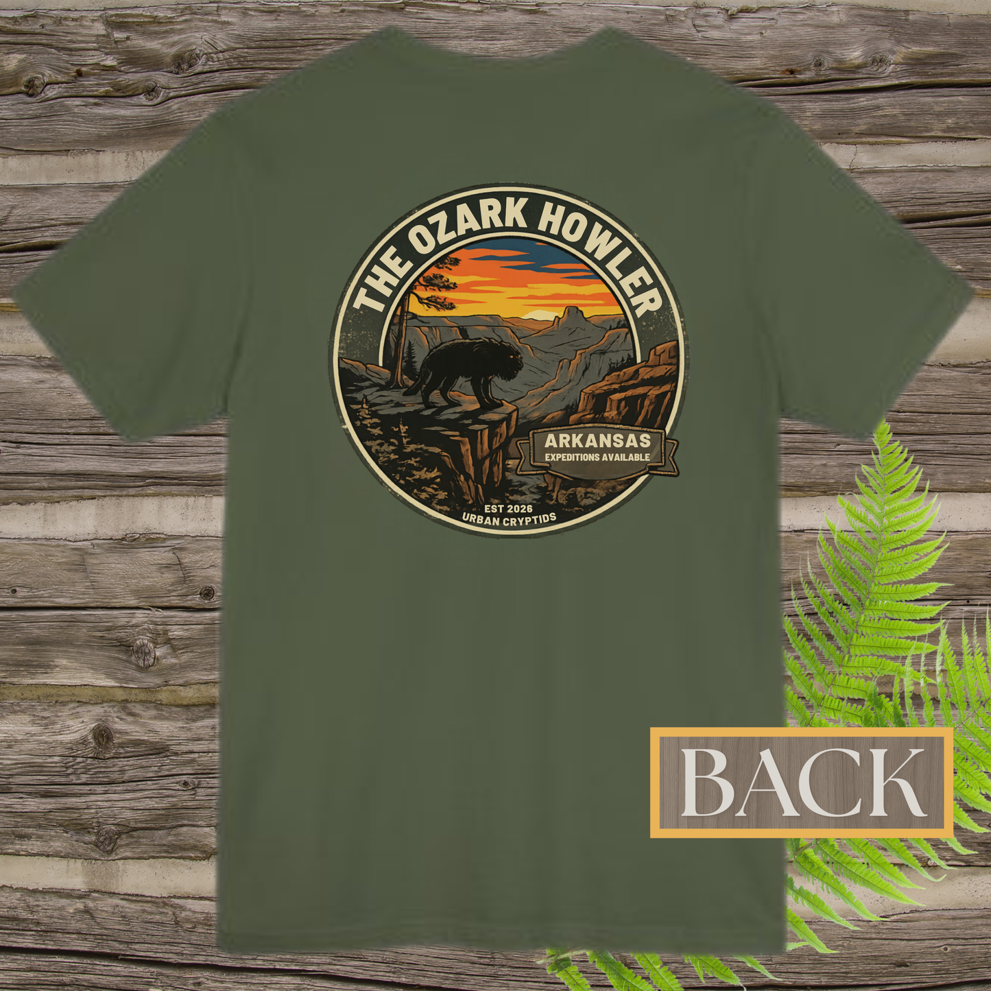 Ozark Howler Arkansas Expeditions T-Shirt | Ozark Mountains Cryptid Back Print Tee