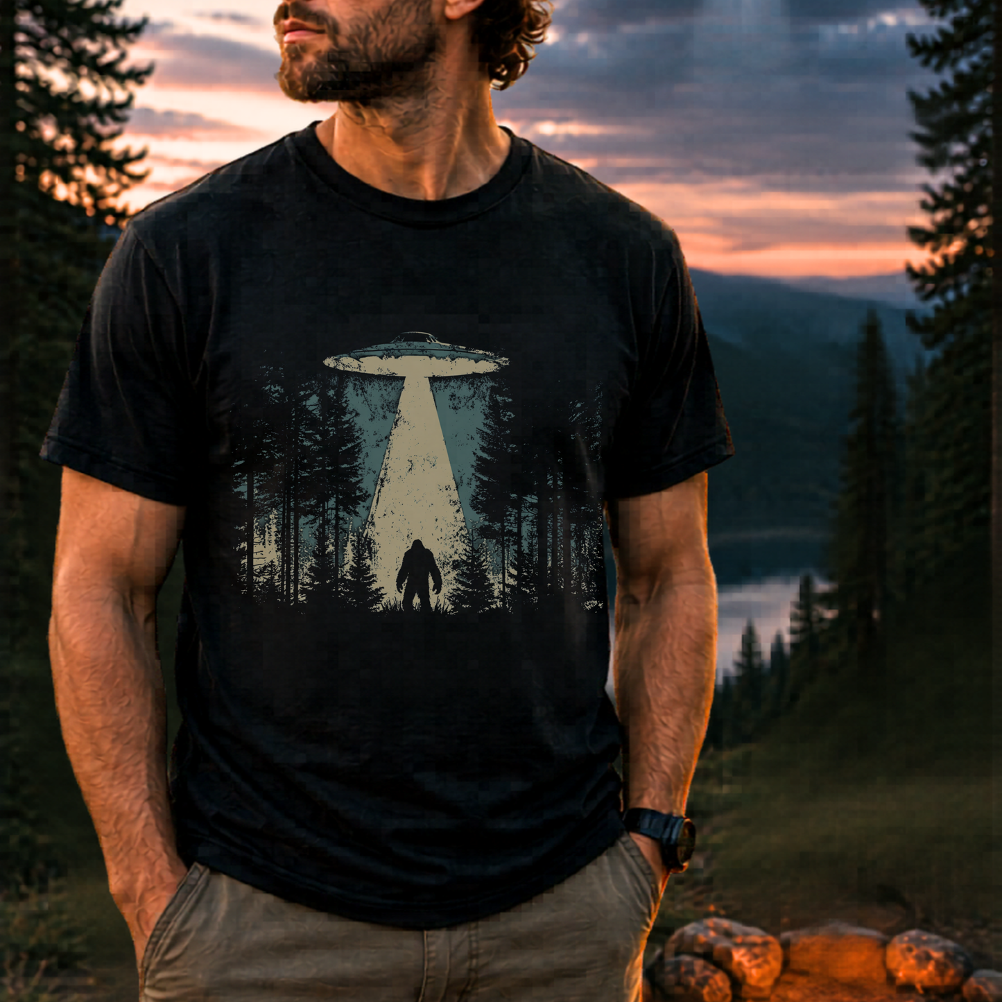 Bigfoot UFO Abduction T-Shirt – Forest Encounter Cryptid Graphic Tee