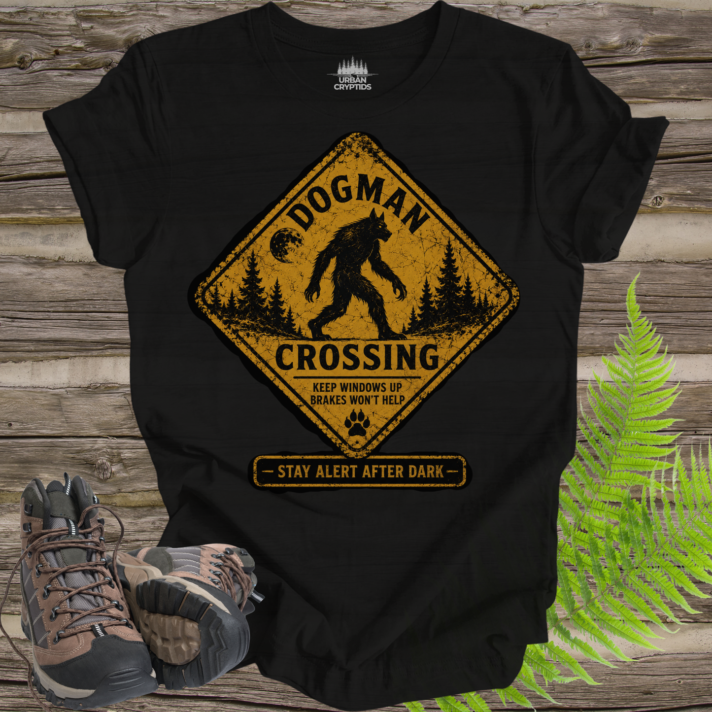 Dogman Crossing Vintage Warning Sign T-Shirt | Funny Cryptid Tee