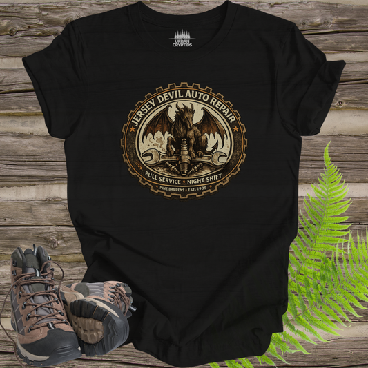 Jersey Devil Auto Repair Shirt | Cryptid Town Tee | Pine Barrens Cryptid Vintage Gear Badge Night Shift Auto Shop