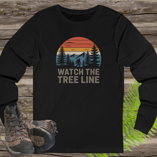 Watch the Tree Line Bigfoot Long Sleeve Shirt – Retro Sasquatch Wilderness Tee