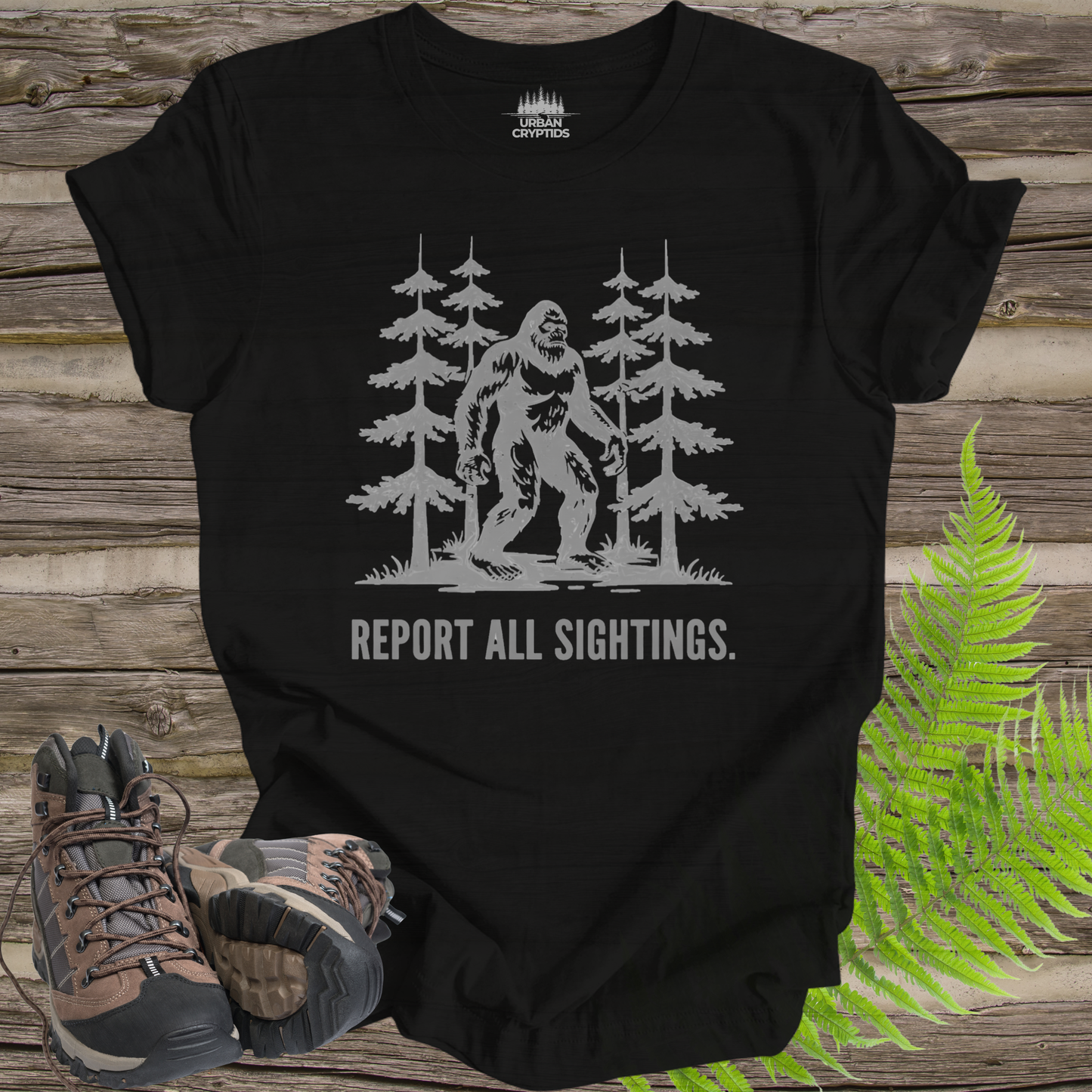 Bigfoot “Report All Sightings” T-Shirt – Vintage Cryptid Forest Design