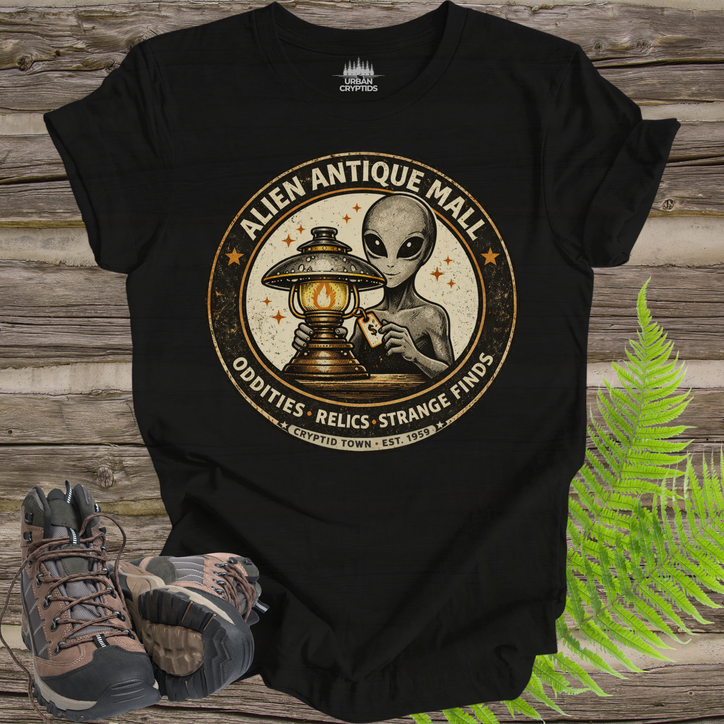 Alien Antique Mall Shirt | Cryptid Town Tee | Oddities Relics Strange Finds UFO Lamp Vintage Store Logo
