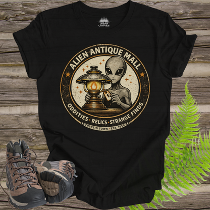 Alien Antique Mall Shirt | Cryptid Town Tee | Oddities Relics Strange Finds UFO Lamp Vintage Store Logo