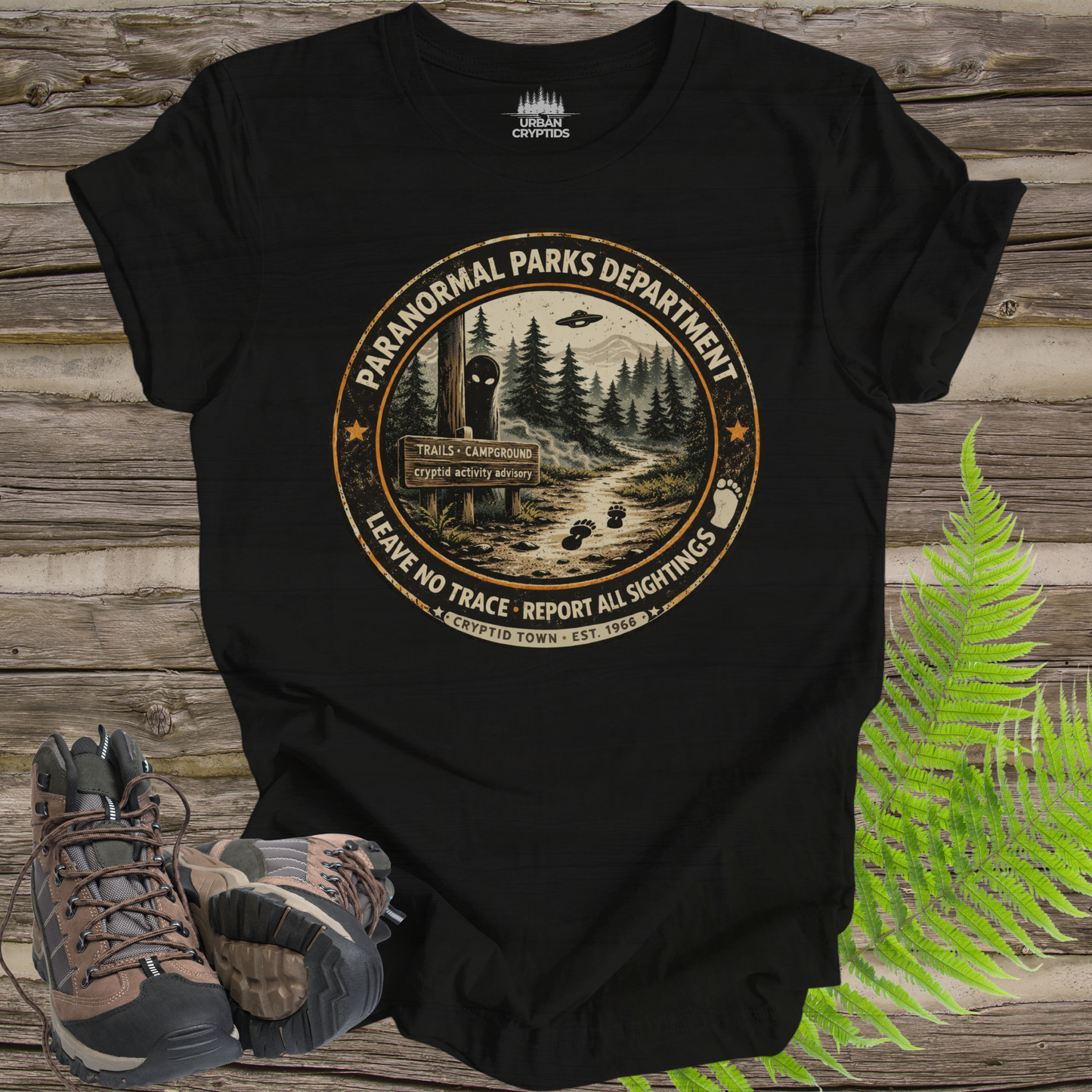 Paranormal Parks Department Shirt | Cryptid Town Tee | Leave No Trace Report All Sightings Vintage Ranger Badge
