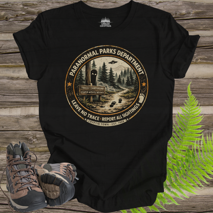 Paranormal Parks Department Shirt | Cryptid Town Tee | Leave No Trace Report All Sightings Vintage Ranger Badge