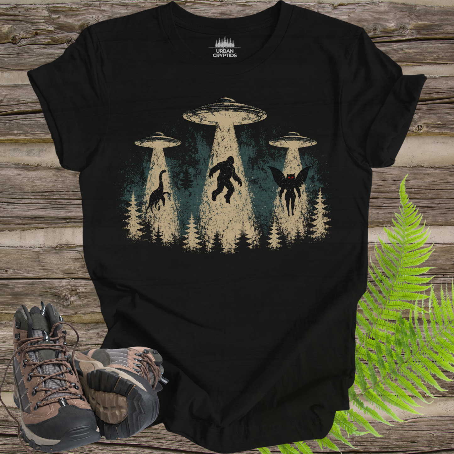 Cryptid Abduction T-Shirt – Bigfoot, Mothman & Nessie UFO Design