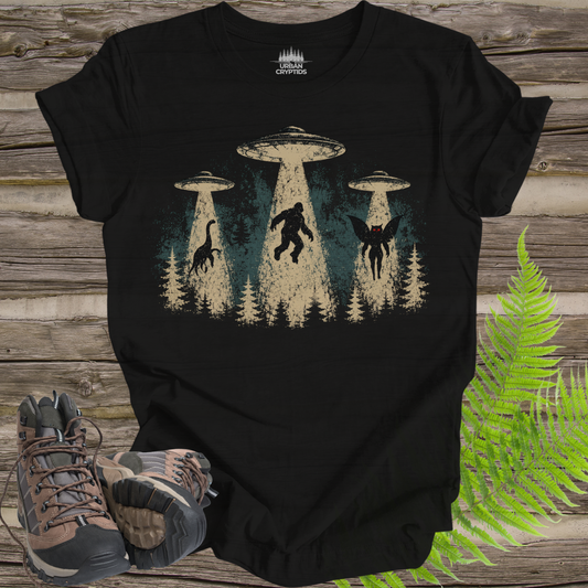 Cryptid Abduction T-Shirt – Bigfoot, Mothman & Nessie UFO Design