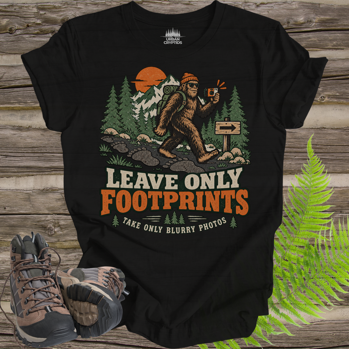 Leave Only Footprints T-Shirt – Funny Bigfoot Hiking Graphic Tee