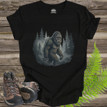 Mysterious Bigfoot Forest Shirt – Vintage Sasquatch Silhouette Tee, Cryptid Aesthetic Shirt, Foggy Woods Graphic Tee