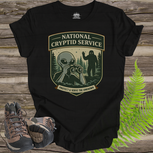 National Cryptid Service T-Shirt | Protect & Serve the Unknown Graphic Tee | Paranormal Field Agent Shirt