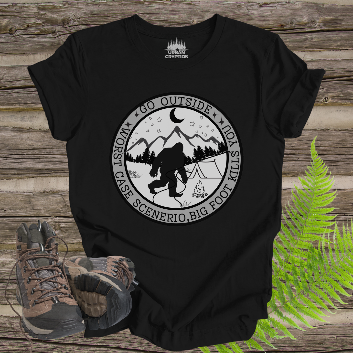 Funny Bigfoot Tee – “Go Outside, Worst Case Scenario Bigfoot Kills You” Shirt