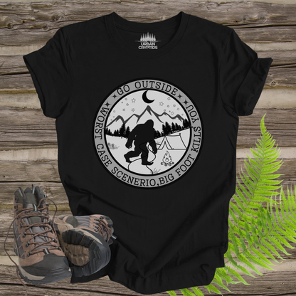 Funny Bigfoot Tee – “Go Outside, Worst Case Scenario Bigfoot Kills You” Shirt