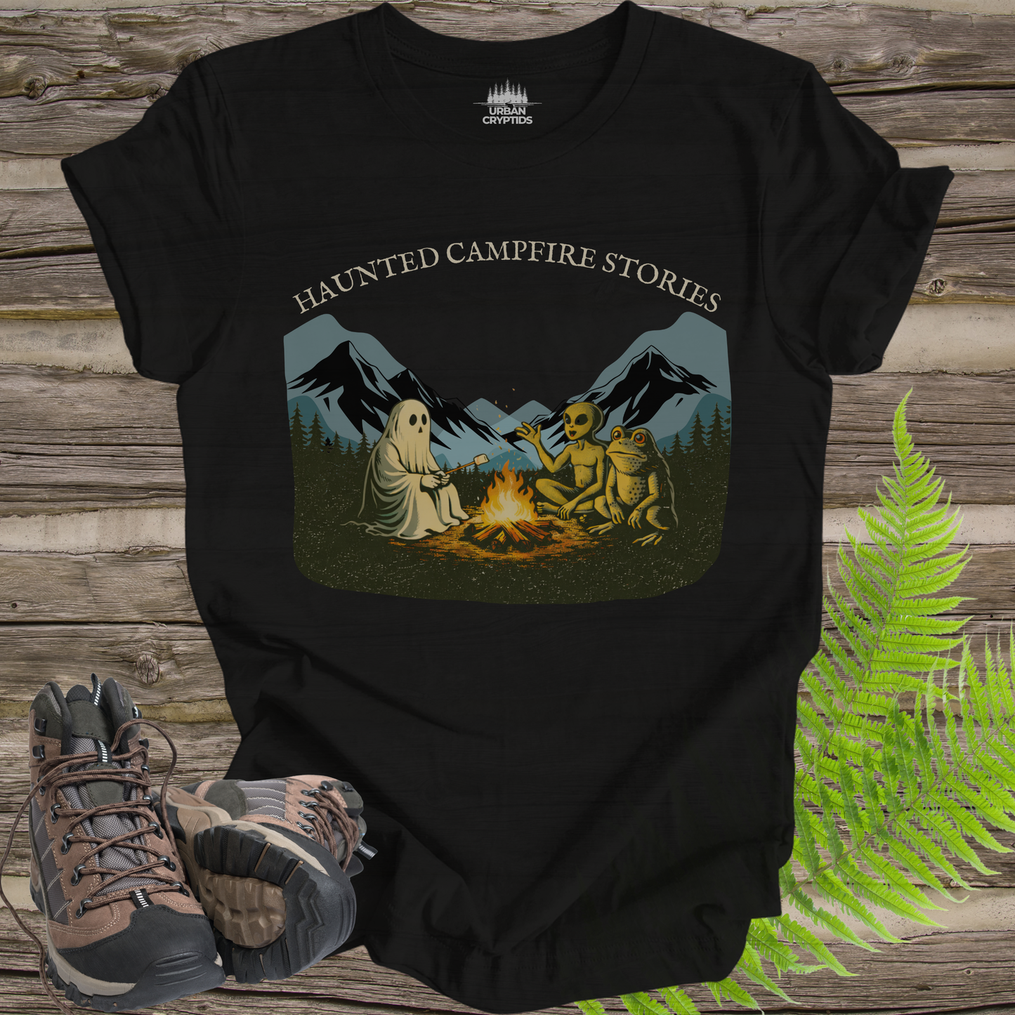 Haunted Campfire Stories T-Shirt – Ghost, Alien & Skeleton Bonfire Scene Tee