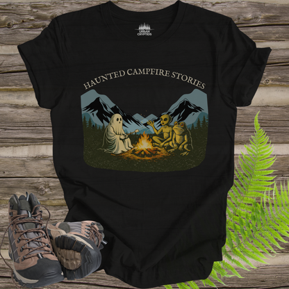 Haunted Campfire Stories T-Shirt – Ghost, Alien & Skeleton Bonfire Scene Tee
