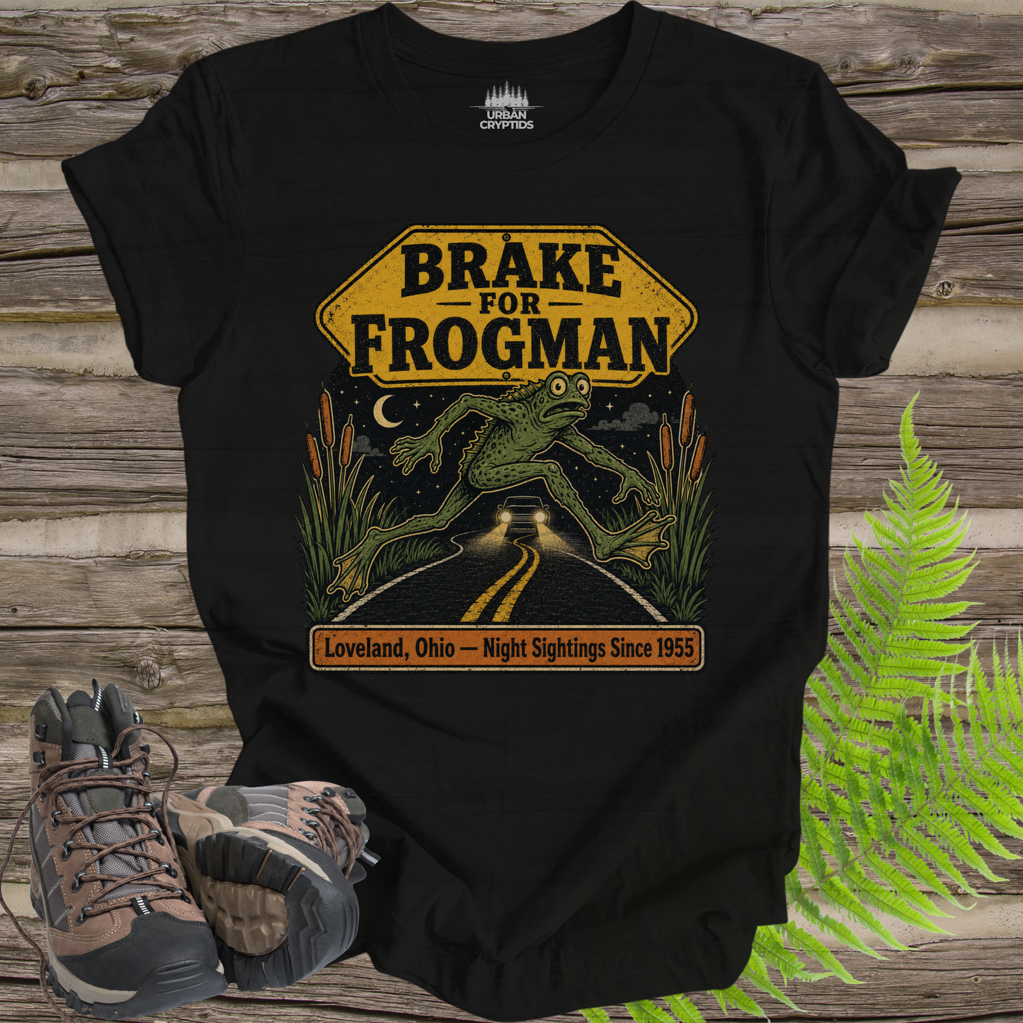 Brake for Frogman T-Shirt – Loveland Ohio Cryptid Roadside Tee