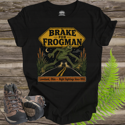 Brake for Frogman T-Shirt – Loveland Ohio Cryptid Roadside Tee
