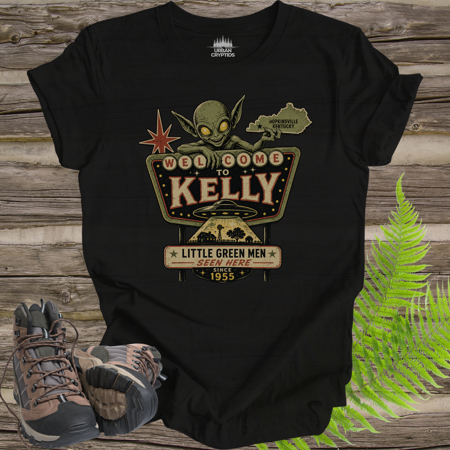 Welcome to Kelly | Little Green Men Seen Here Since 1955 Vintage Kentucky T-Shirt
