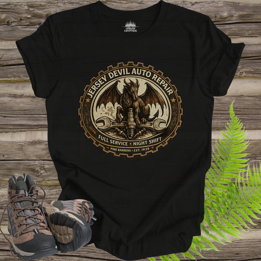 Jersey Devil Auto Repair Shirt | Cryptid Town Tee | Pine Barrens Cryptid Vintage Gear Badge Night Shift Auto Shop