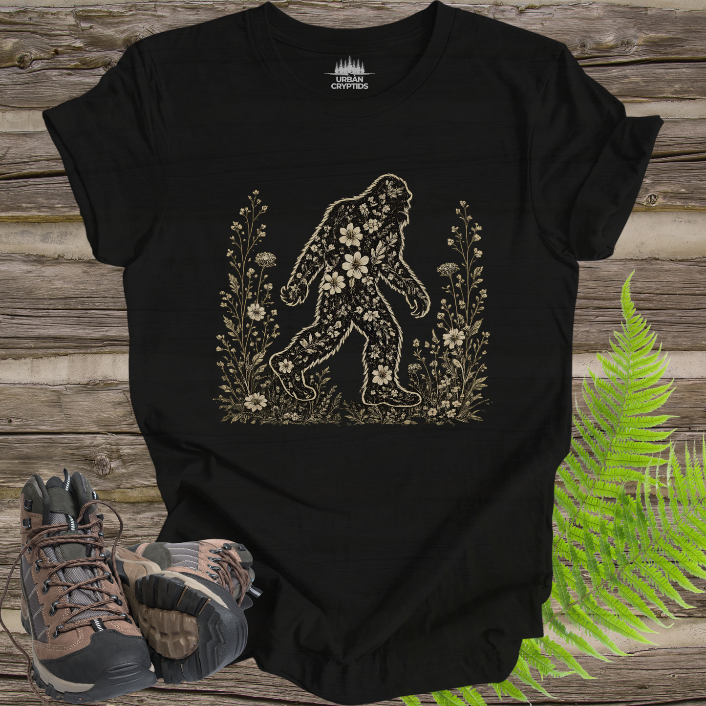 Wildflower Wanderer Bigfoot T-Shirt | Floral Sasquatch Nature Tee