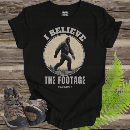 Bigfoot “I Believe the Footage” T-Shirt – Vintage Sasquatch Graphic Tee, Cryptid Shirt, Funny Bigfoot Shirt, Gift for Cryptid Lovers