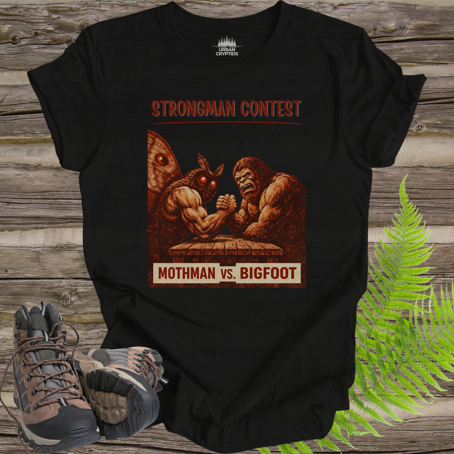 Mothman vs Bigfoot T-Shirt – Cryptid Strongman Arm Wrestling Contest Tee