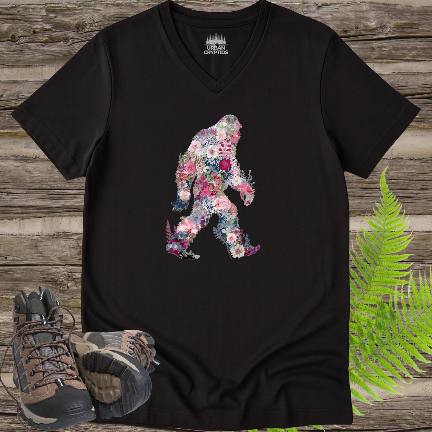 Floral Bigfoot V-Neck | Wildflower Sasquatch Silhouette Graphic Tee | Nature Lover Cryptid Shirt