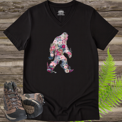 Floral Bigfoot V-Neck | Wildflower Sasquatch Silhouette Graphic Tee | Nature Lover Cryptid Shirt