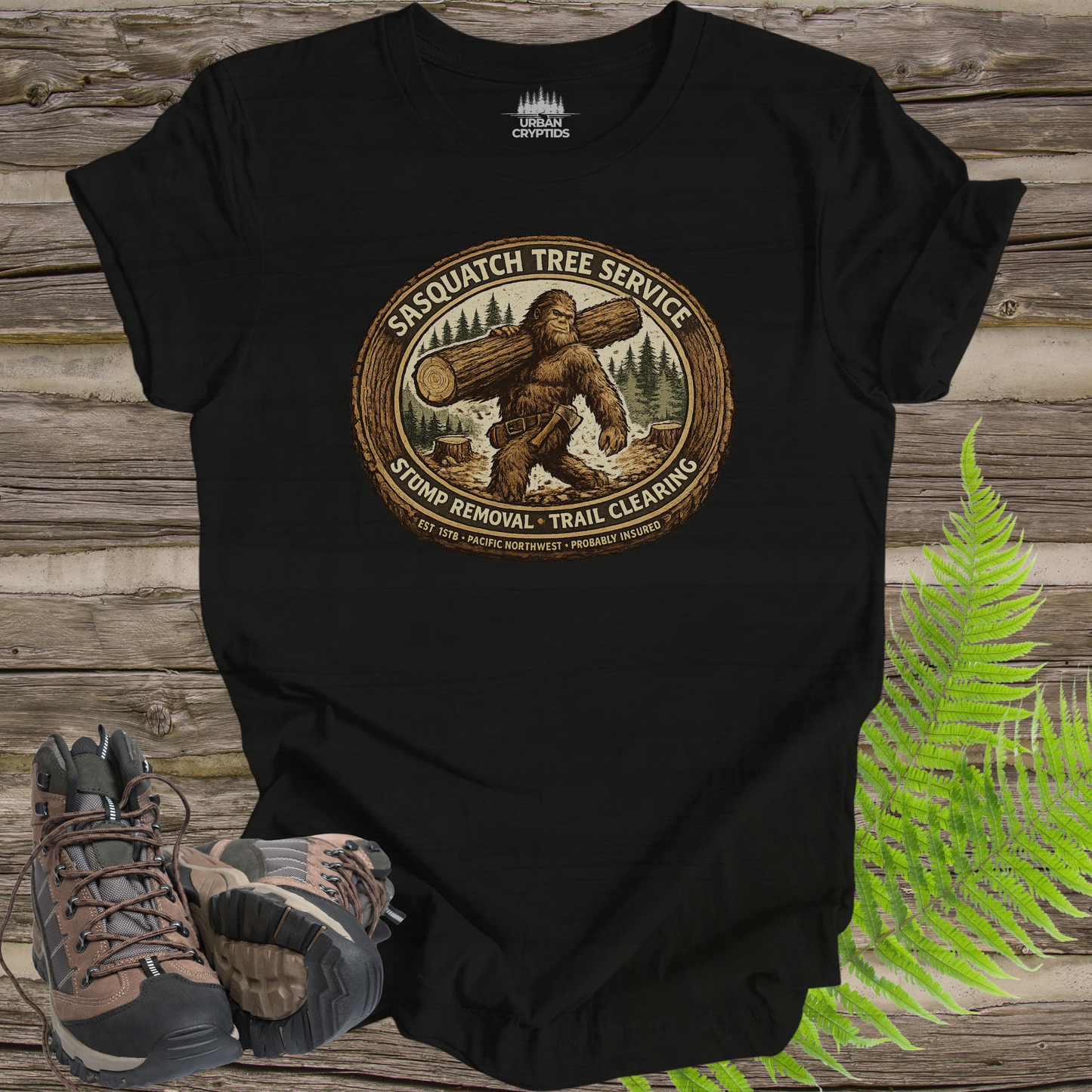 Sasquatch Tree Service Shirt | Cryptid Town Tee | Bigfoot Lumberjack Vintage Badge Stump Removal Trail Clearing