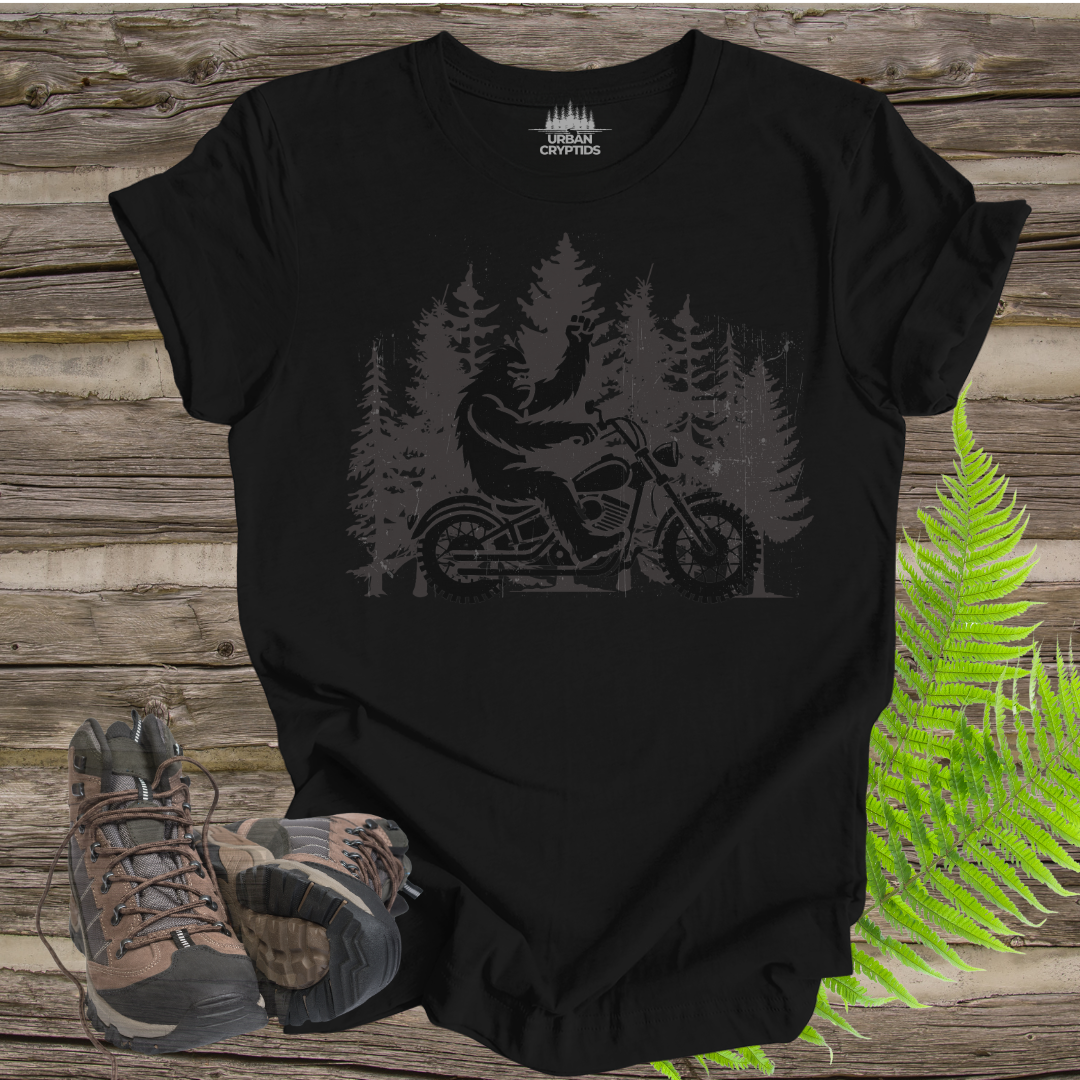Bigfoot Biker Tee – Sasquatch Riding Motorcycle Forest Shirt