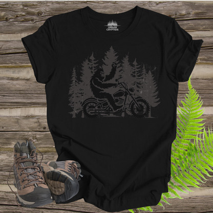 Bigfoot Biker Tee – Sasquatch Riding Motorcycle Forest Shirt