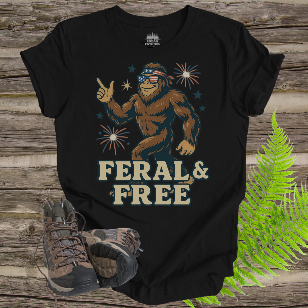 Feral & Free Bigfoot Shirt – Funny Patriotic Cryptid Tee for 4th of July