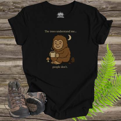 Cozy Bigfoot Coffee Tee – Funny Sasquatch Shirt for Nature Lovers | “The Trees Understand Me… People Don’t”