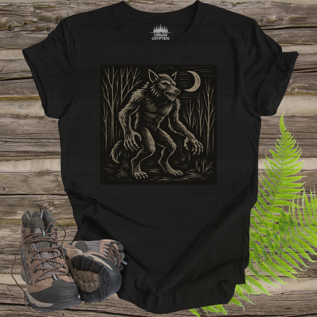 Dogman Cryptid T-Shirt – Woodcut Werewolf Forest Creature Tee