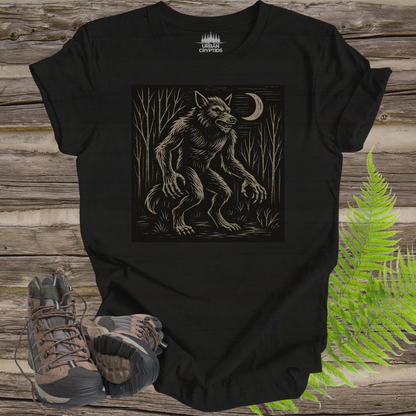 Dogman Cryptid T-Shirt – Woodcut Werewolf Forest Creature Tee