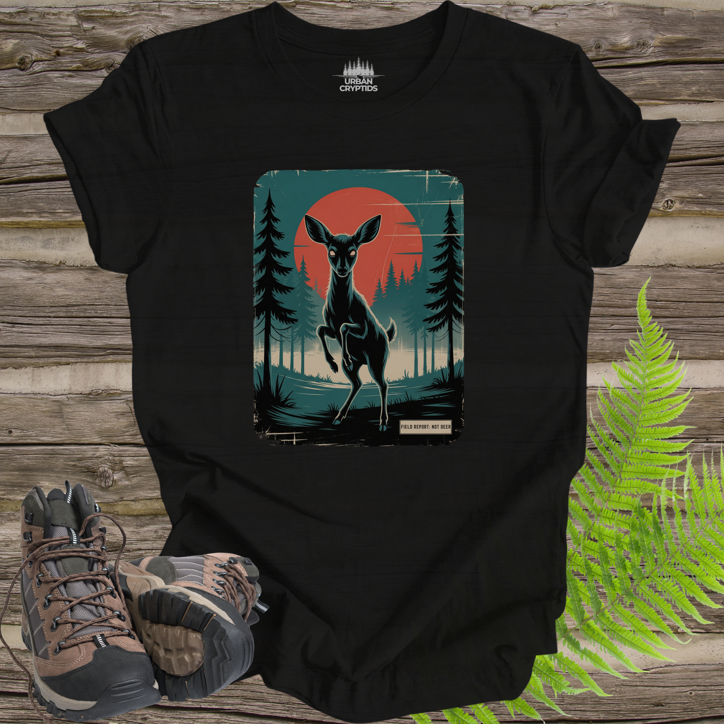 Not Deer Forest Encounter T-Shirt – Vintage Cryptid Wilderness Poster Tee