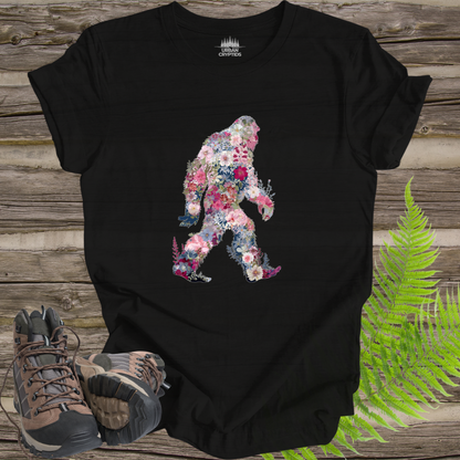 Floral Bigfoot T-Shirt | Wildflower Sasquatch Silhouette Graphic Tee | Nature Lover Cryptid Shirt
