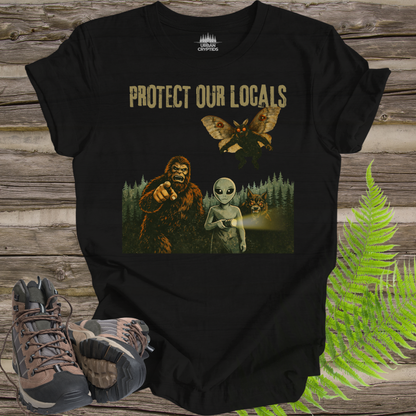 Protect Our Locals T-Shirt | Cryptid Conservation Graphic Tee | Bigfoot Mothman Alien Forest Shirt