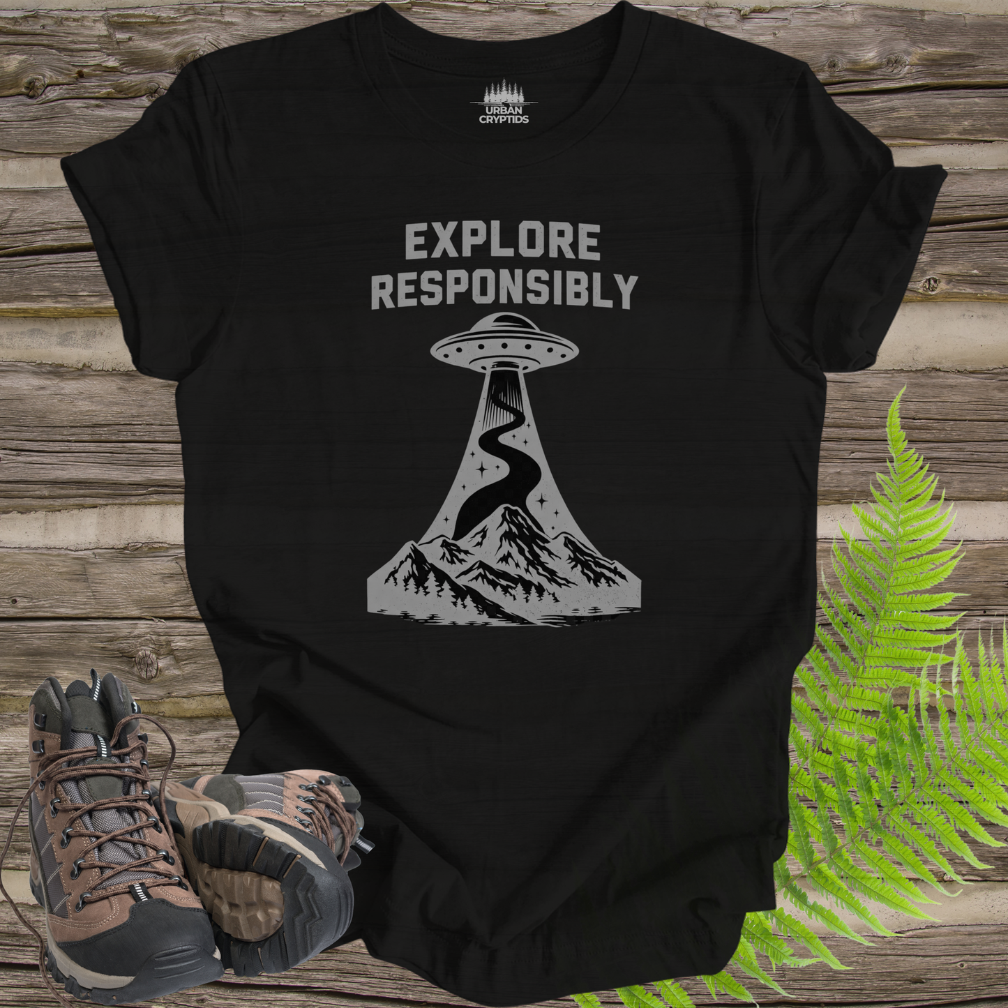 Explore Responsibly UFO T-Shirt | Mountain Abduction Graphic Tee | Retro Space Explorer Shirt